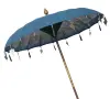 Product image 2 of the product “Bali umbrella, Blue 2 with wooden coins and gold leaves hanging around the edge. Approx. 190cm dia. and 250cm height ”